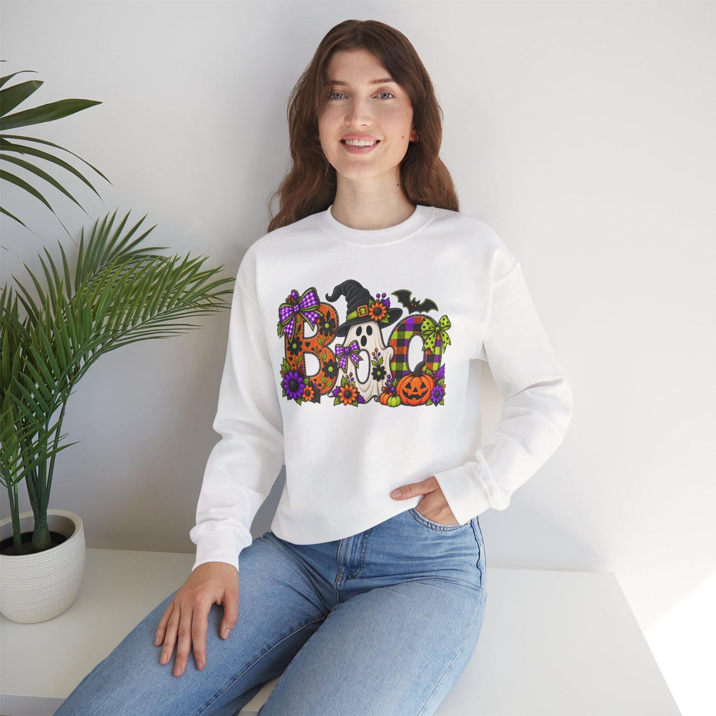 Halloween "BOO!" Crewneck Sweatshirt — Cute Spooky Ghost & Pumpkin Pullover