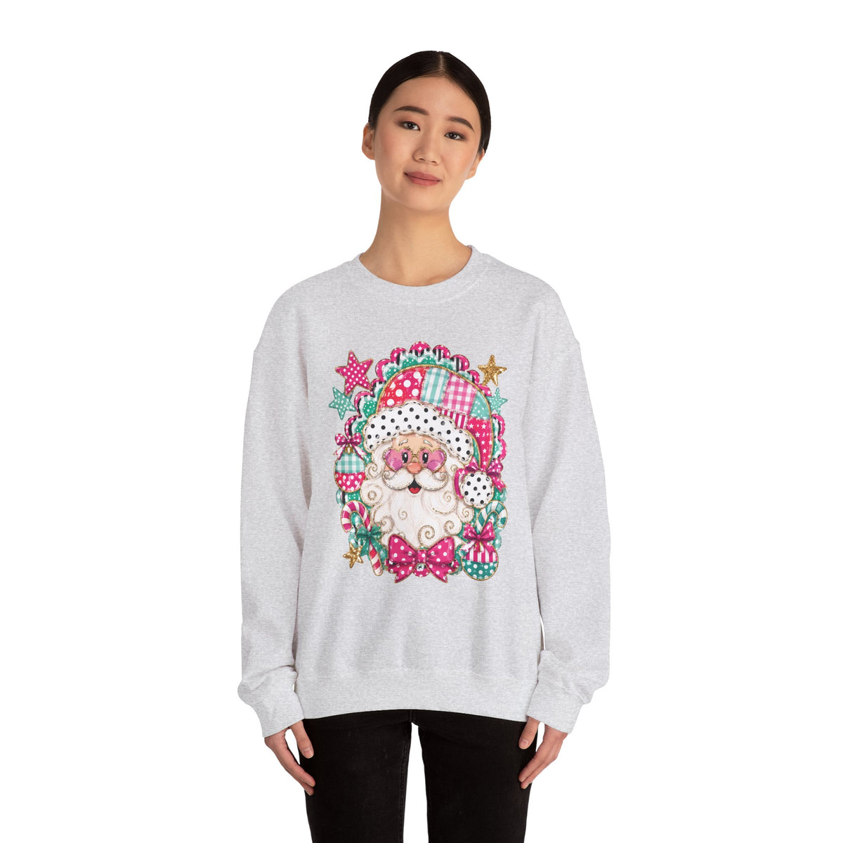 Pink Patchwork Santa Sweatshirt — Cute Christmas Crewneck for Women & Kids