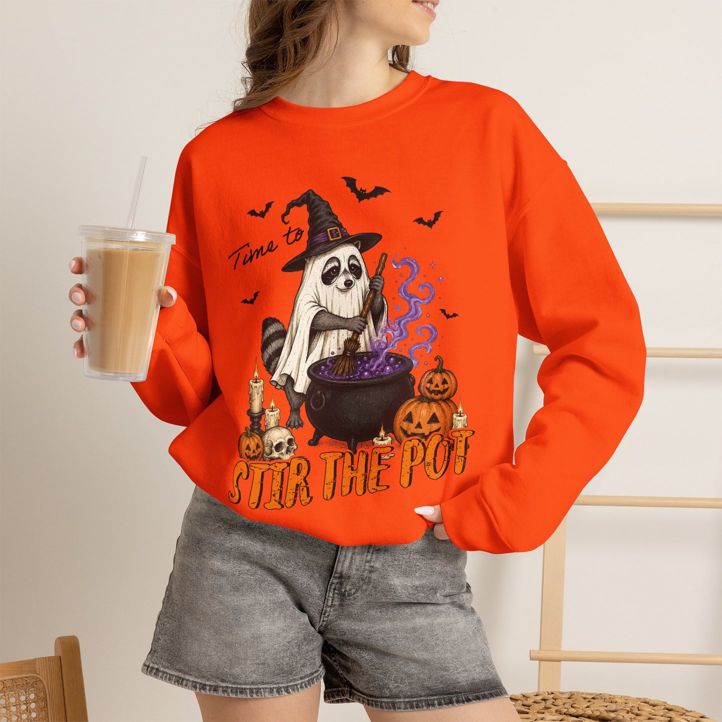 Sweatshirt — "Stir the Pot" Witch Raccoon Halloween Crewneck