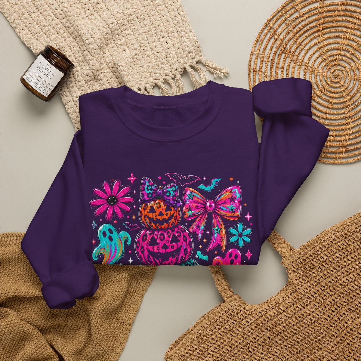Spooky Season Sweatshirt — Colorful Neon Halloween Pumpkin & Ghost Crewneck