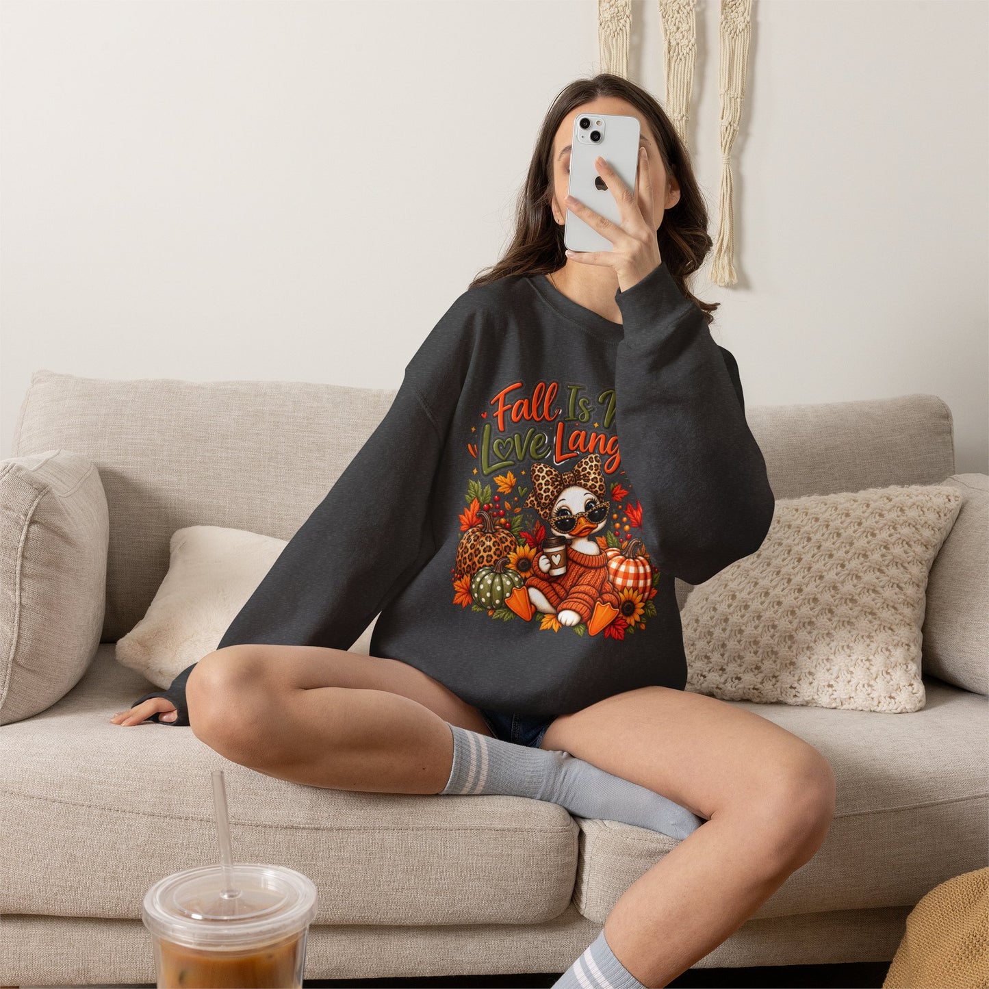 Fall Is My Love Language Duck Sweatshirt — Cute Autumn Duck & Pumpkins Crewneck