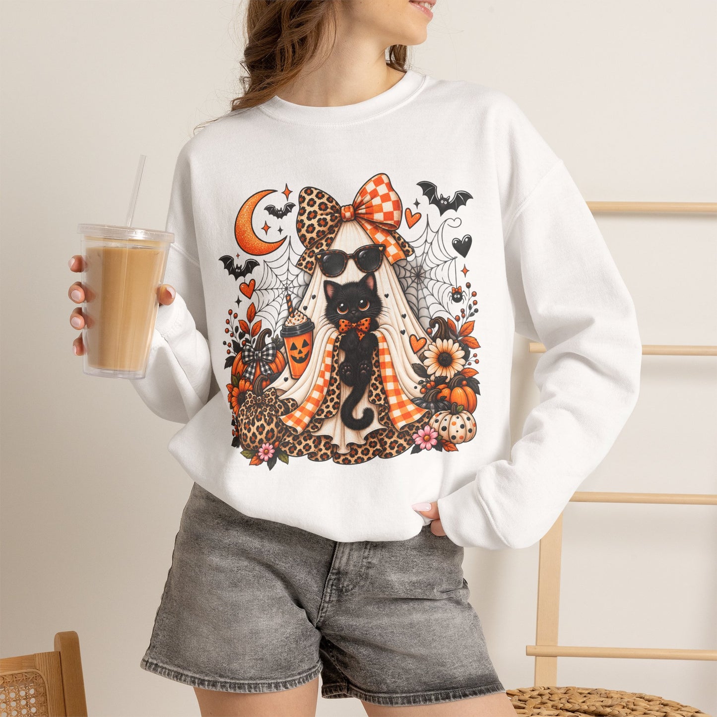 Halloween Black Cat Crewneck Sweatshirt — Cute Spooky Fall Sweater
