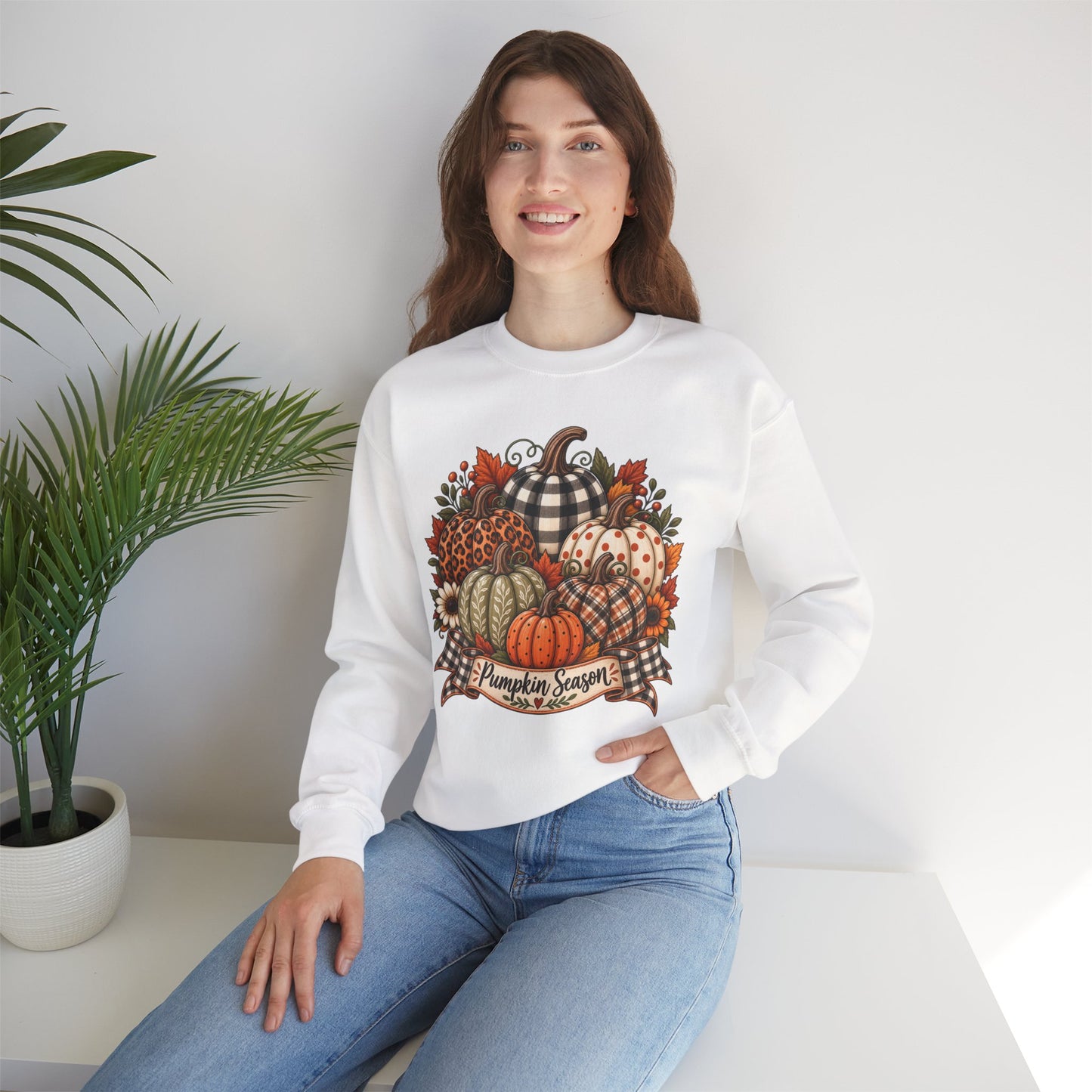 Pumpkin Season Fall Sweatshirt — Plaid & Floral Autumn Pumpkins Crewneck