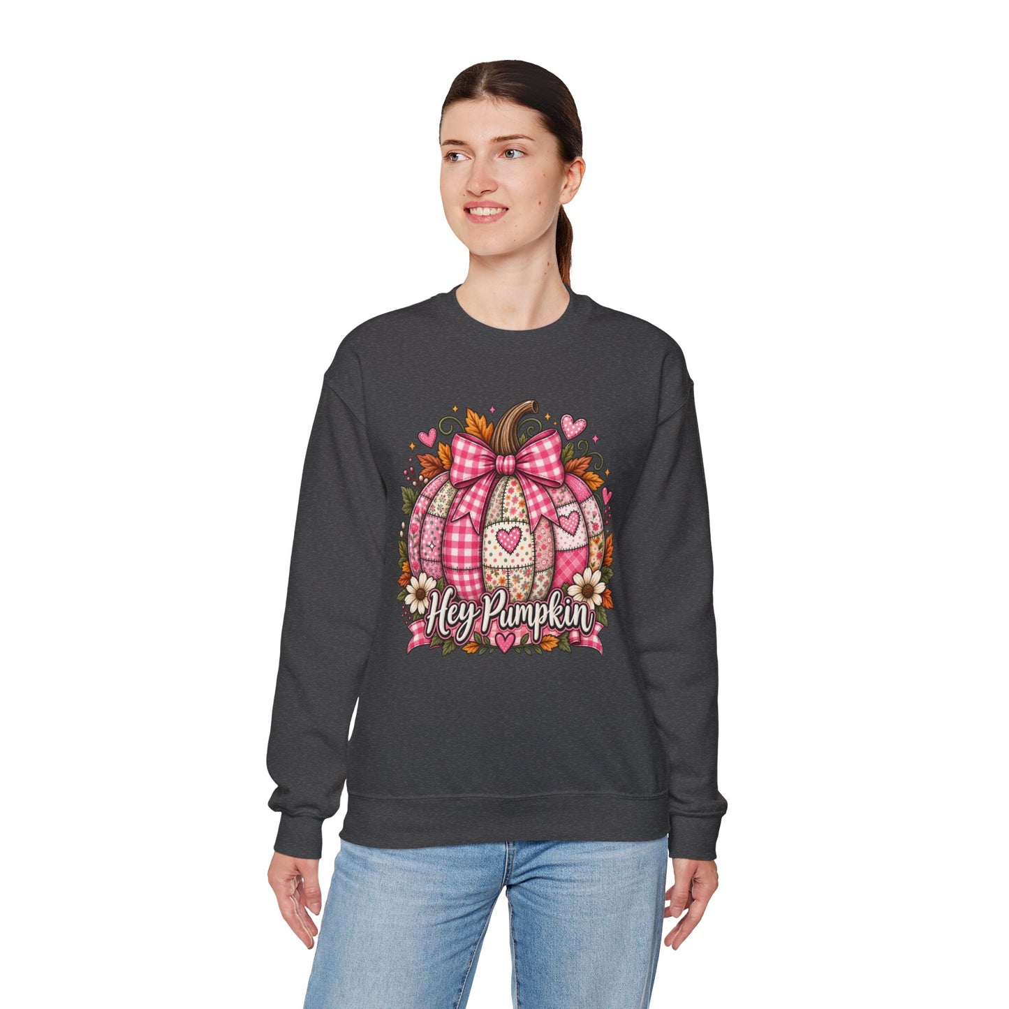 Hey Pumpkin Sweatshirt — Pink Plaid Pumpkin Crewneck for Fall & Valentine’s