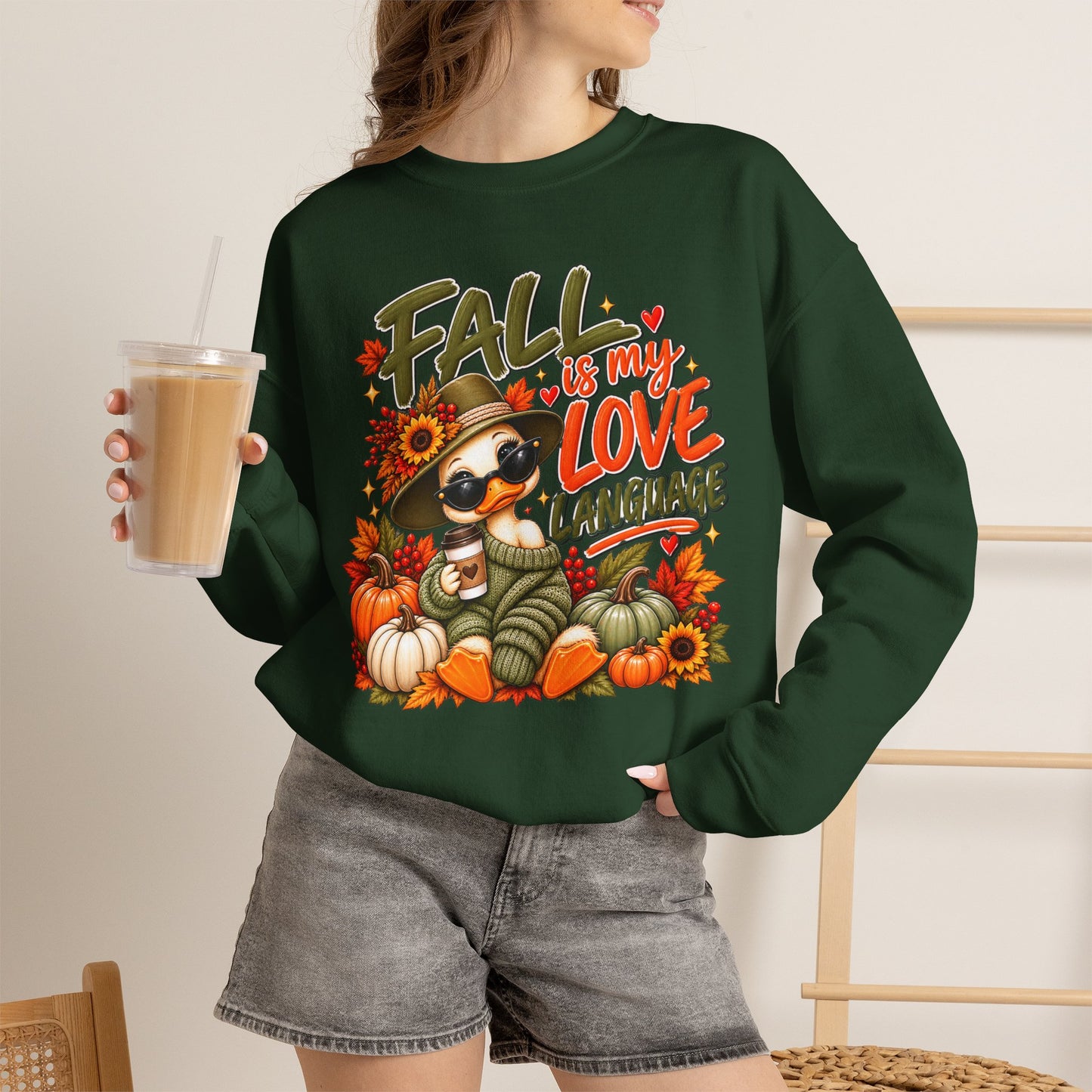 Fall Is My Love Language Sweatshirt — Cute Duck & Pumpkin Autumn Crewneck