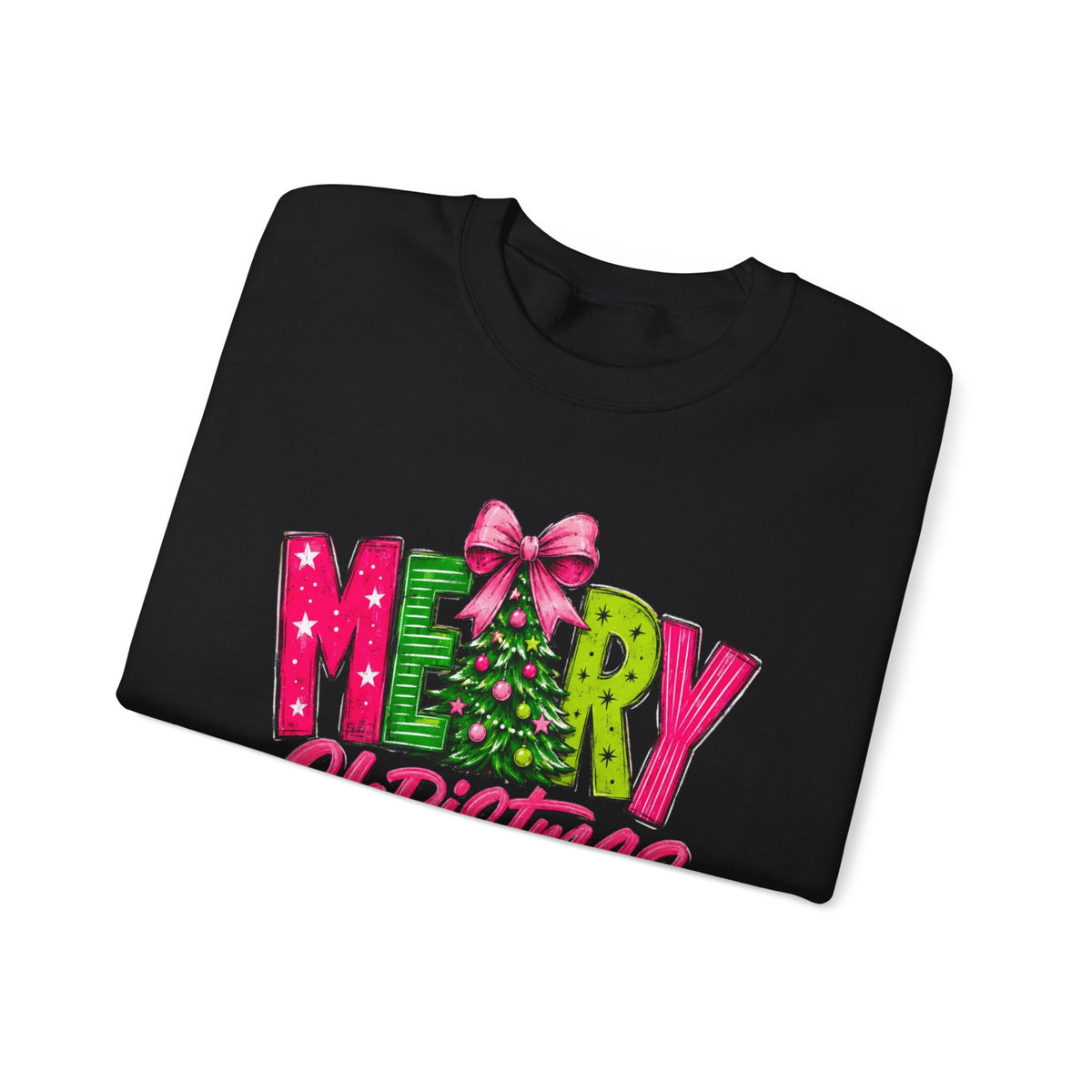 Crewneck Sweatshirt — Merry Christmas Pink & Green Holiday Tree Graphic