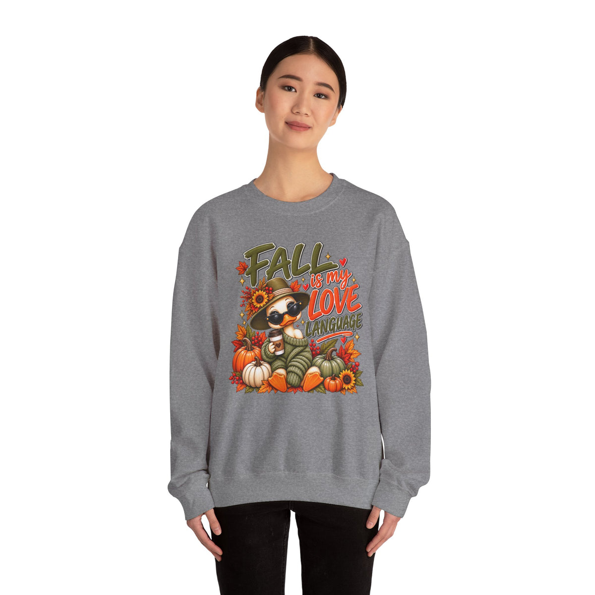 Fall Is My Love Language Sweatshirt — Cute Duck & Pumpkin Autumn Crewneck