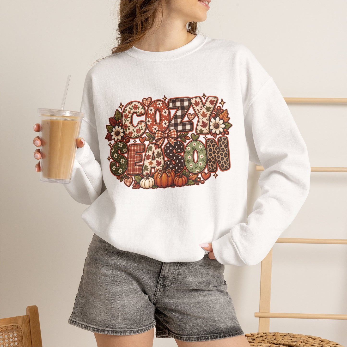 Cozy Season lettering crewneck | autumn pumpkins leaves sweatshirt