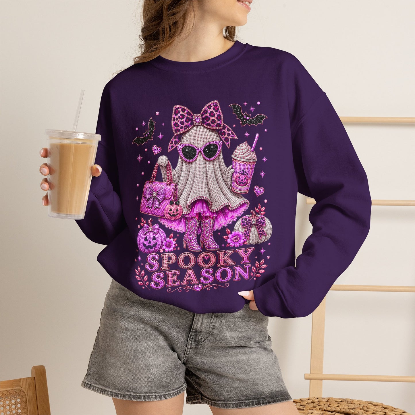 Spooky Season Ghost Crewneck Sweatshirt — Cute Pink Halloween Graphic