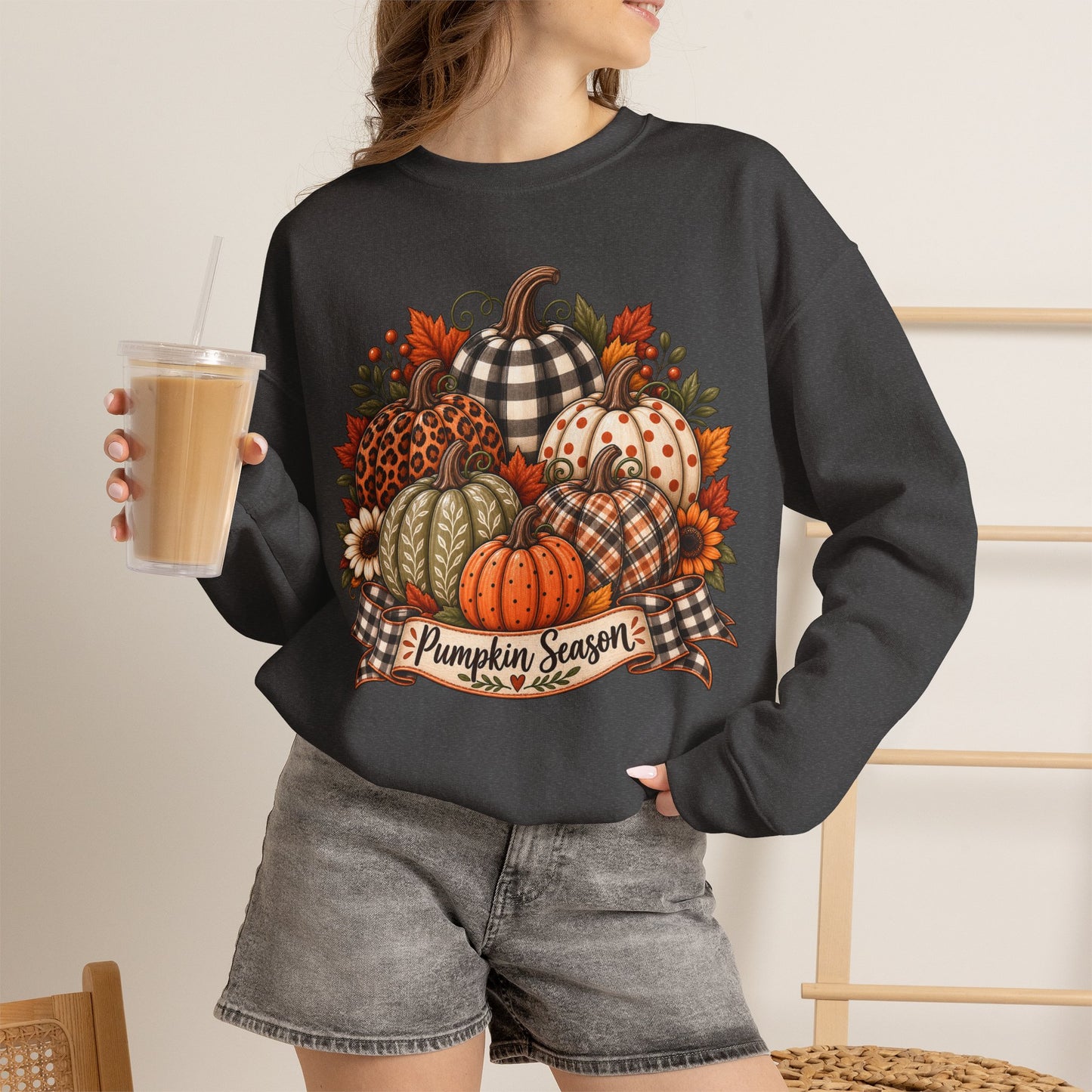 Pumpkin Season Fall Sweatshirt — Plaid & Floral Autumn Pumpkins Crewneck