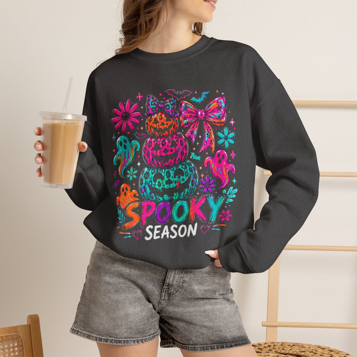 Spooky Season Sweatshirt — Colorful Neon Halloween Pumpkin & Ghost Crewneck