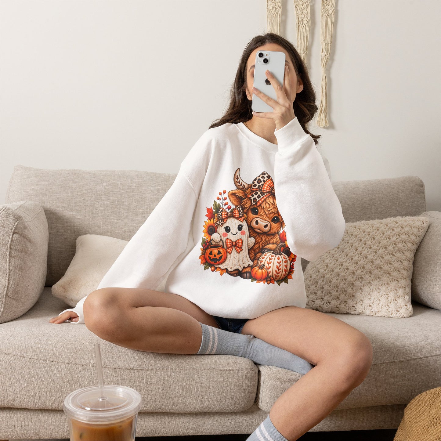 Autumn Highland Cow & Ghost Crewneck Sweatshirt — Cute Halloween Fall Graphic