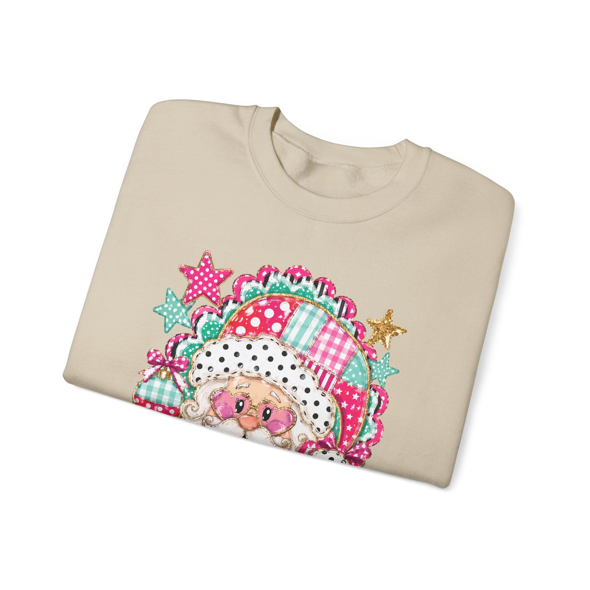 Pink Patchwork Santa Sweatshirt — Cute Christmas Crewneck for Women & Kids
