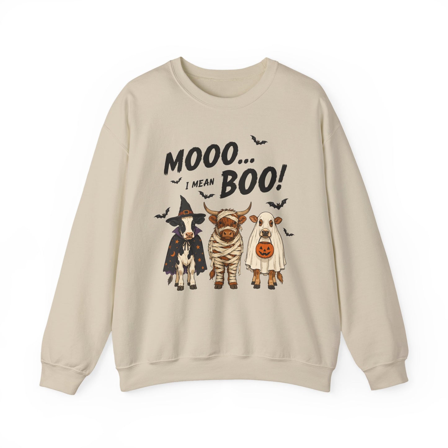 Halloween Cow Crewneck Sweatshirt — "Mooo... I Mean Boo!" Cute Farm Animals Costume Pullover