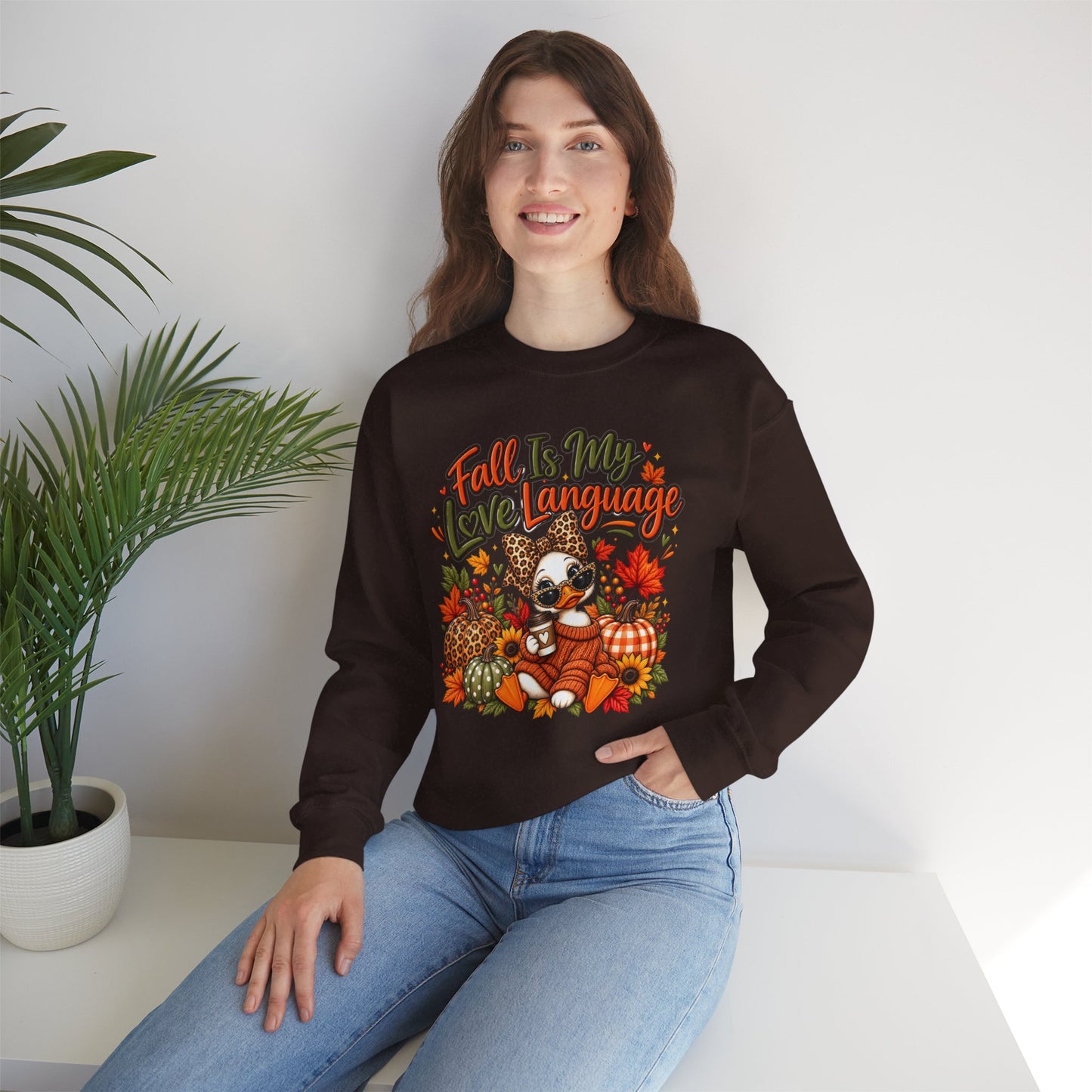 Fall Is My Love Language Duck Sweatshirt — Cute Autumn Duck & Pumpkins Crewneck