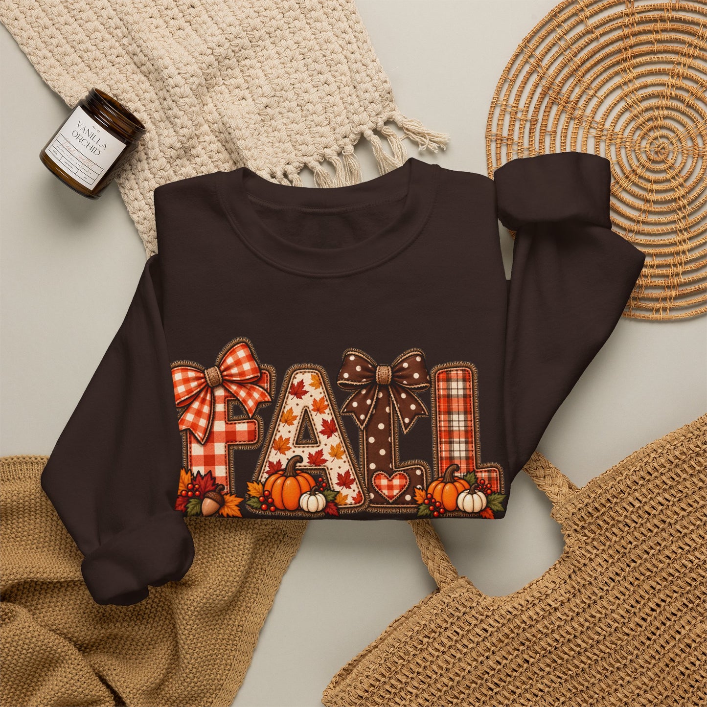 Fall Plaid Crewneck Sweatshirt — Autumn Pumpkins & Bows Design