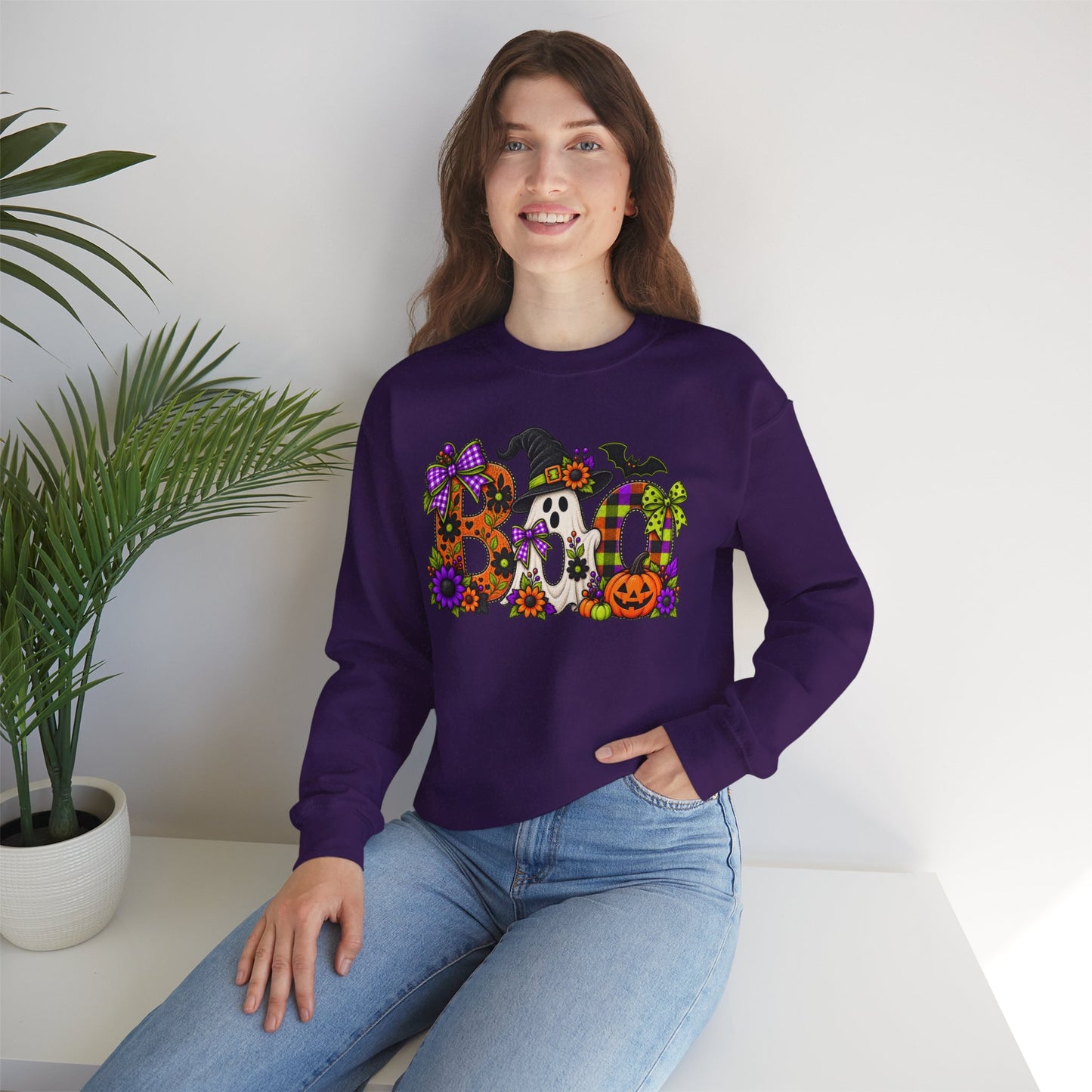 Halloween "BOO!" Crewneck Sweatshirt — Cute Spooky Ghost & Pumpkin Pullover