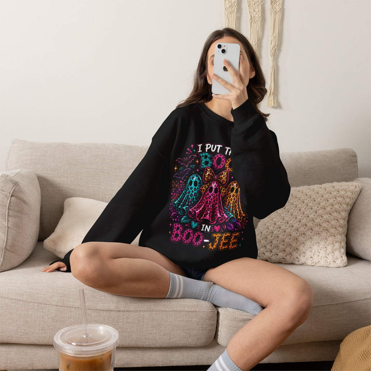 Halloween Crewneck Sweatshirt - "I Put the Boo in Boo-tee" Colorful Ghosts