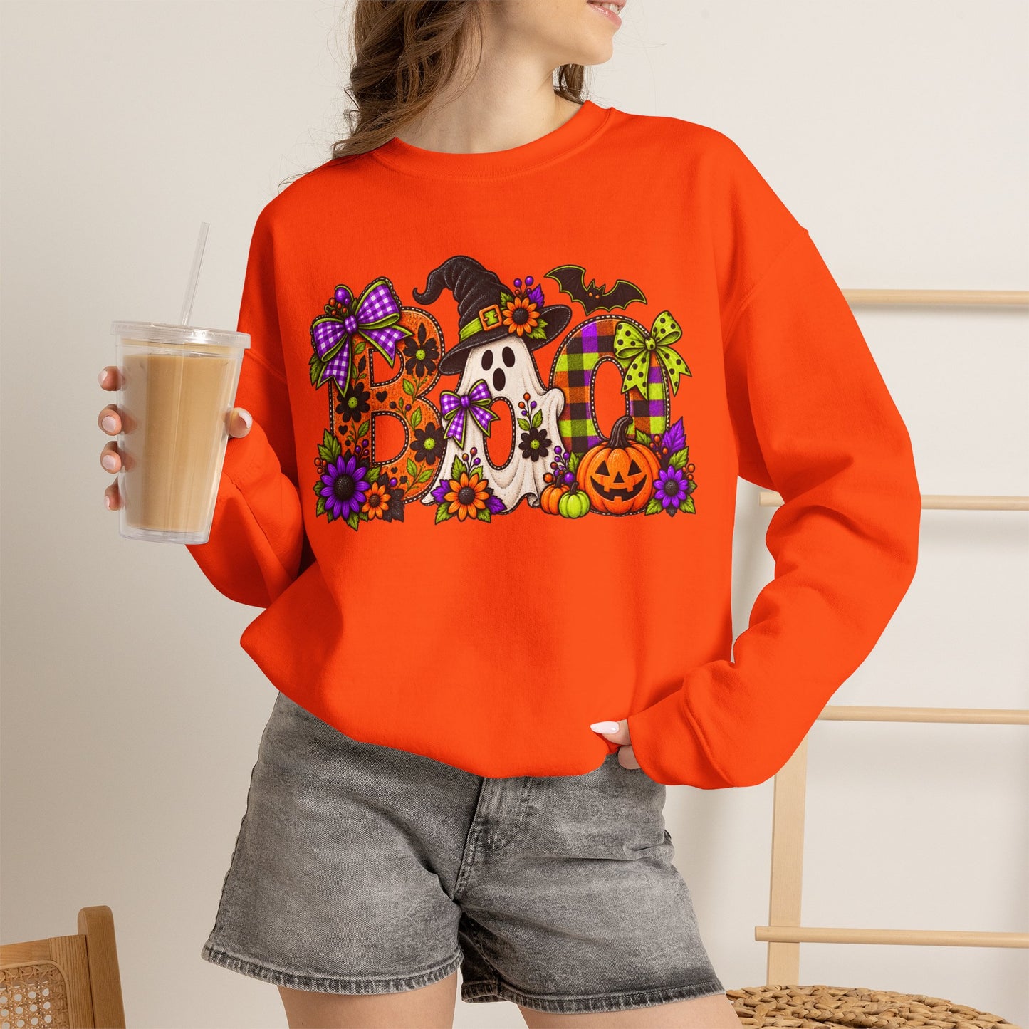 Halloween "BOO!" Crewneck Sweatshirt — Cute Spooky Ghost & Pumpkin Pullover