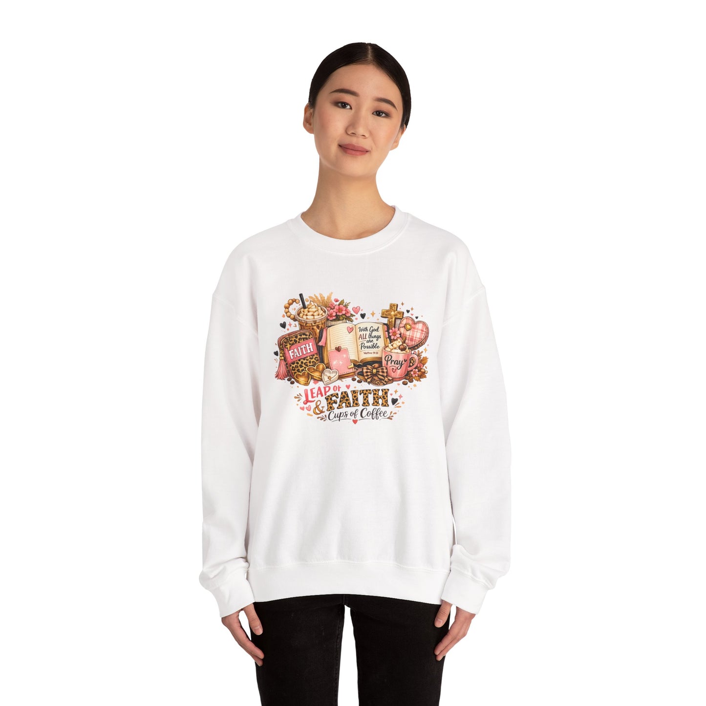Faith & Coffee Crewneck Sweatshirt — 'Leap of Faith' Christian Cozy Pullover