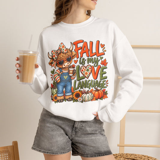 Fall Is My Love Language Sweatshirt — Cute Autumn Cow Graphic Crewneck