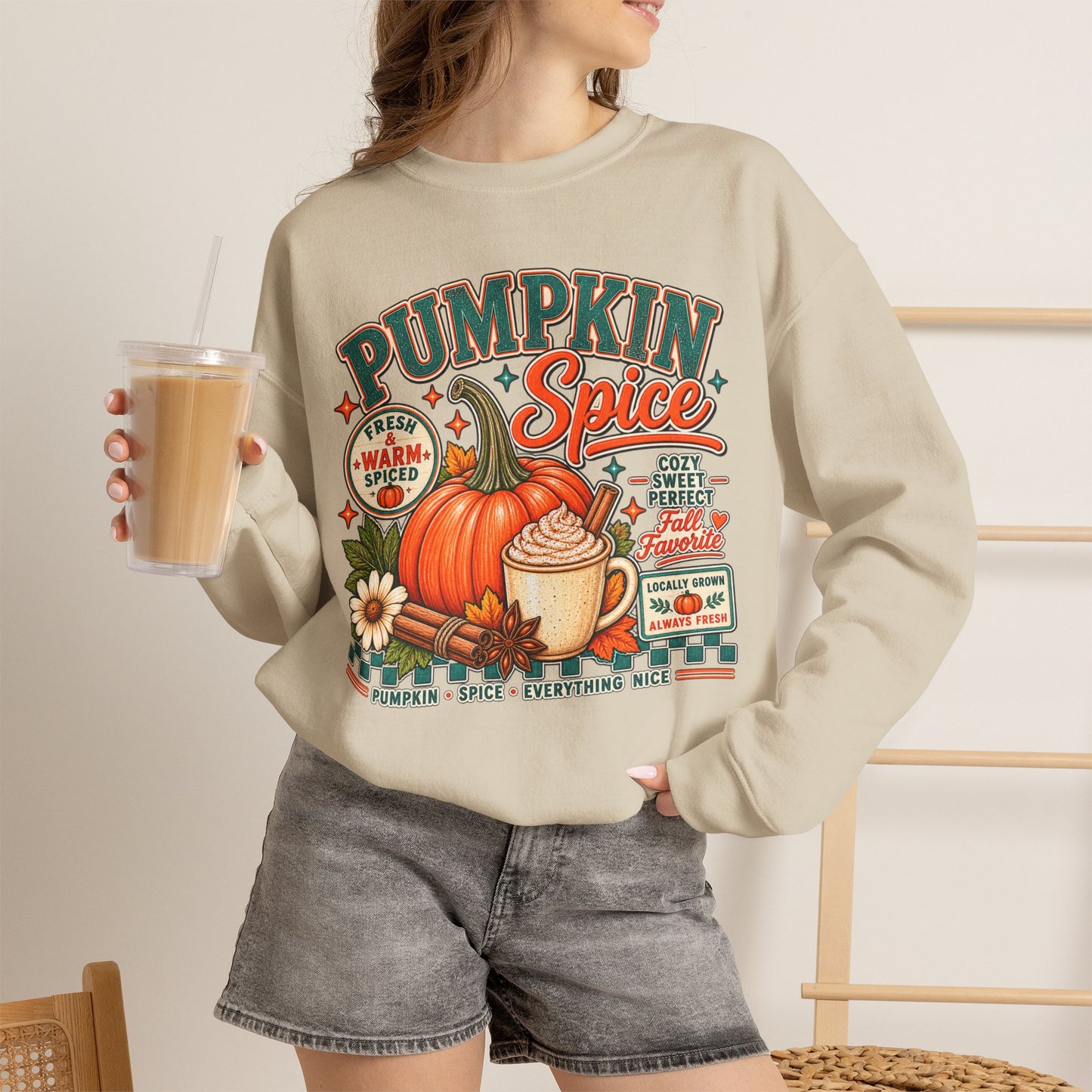 Pumpkin Spice Crewneck Sweatshirt — Cozy Fall Pumpkin Latte Graphic