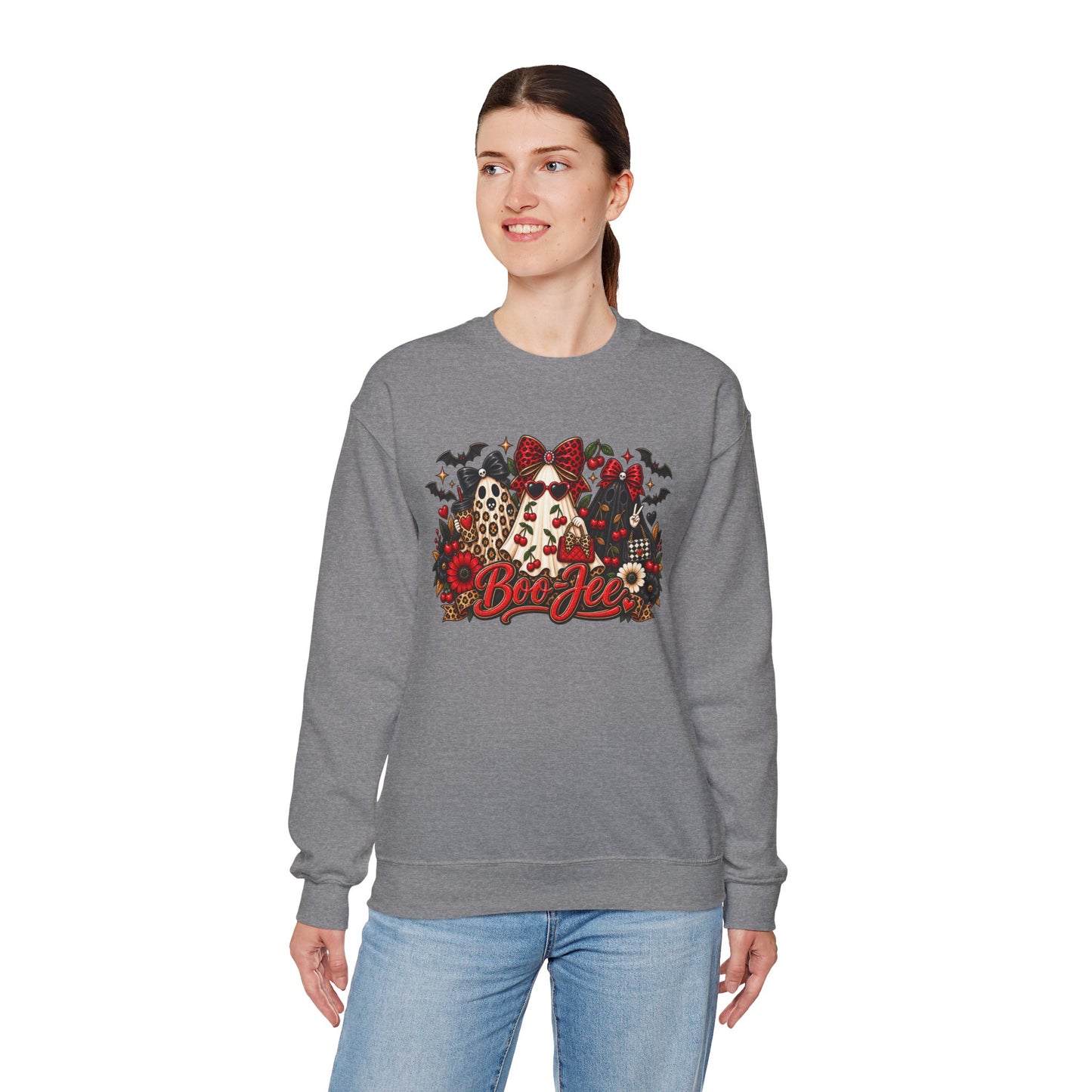 Halloween Boo Crewneck Sweatshirt — Cute Ghosts, Bats & Plaid Pumpkin Design
