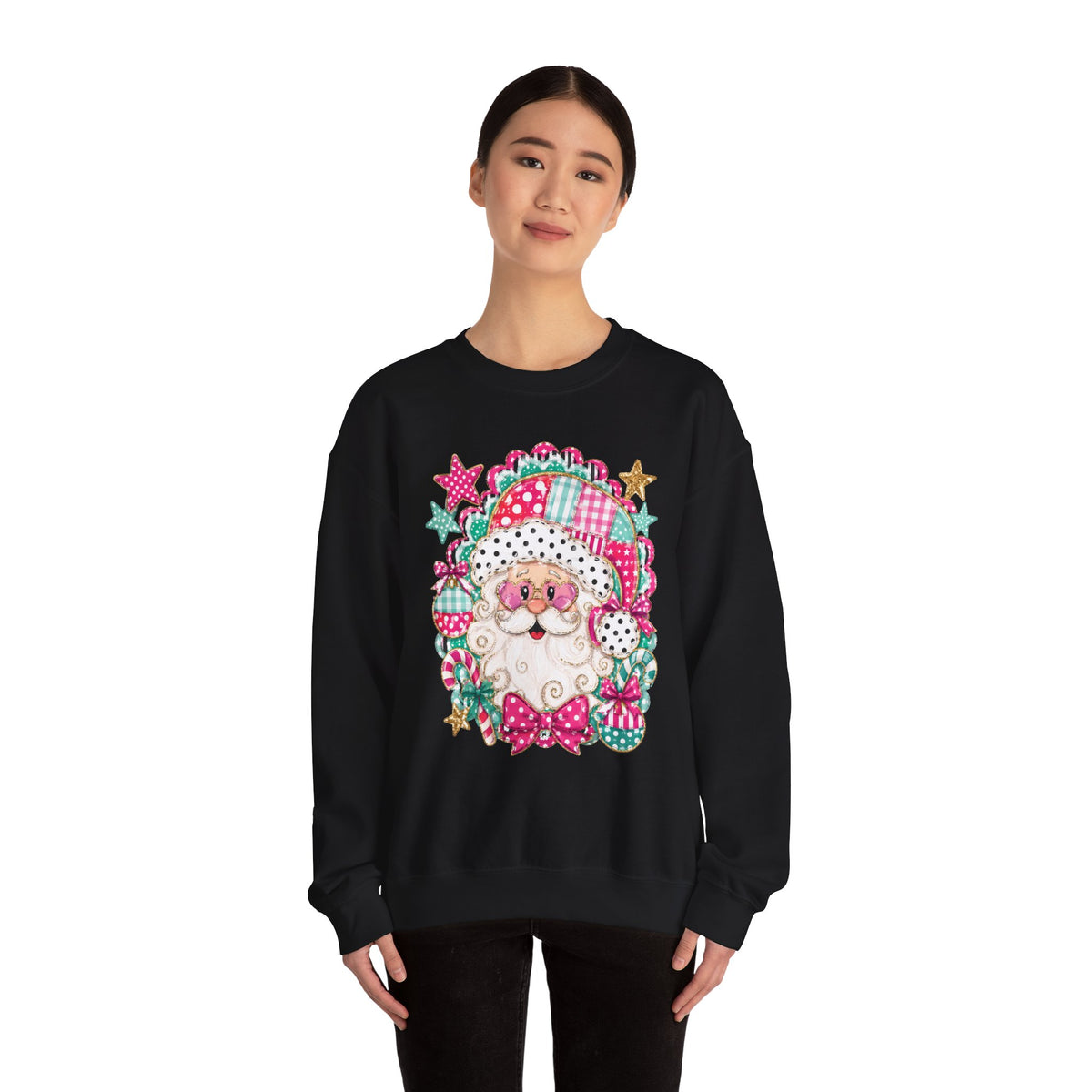 Pink Patchwork Santa Sweatshirt — Cute Christmas Crewneck for Women & Kids