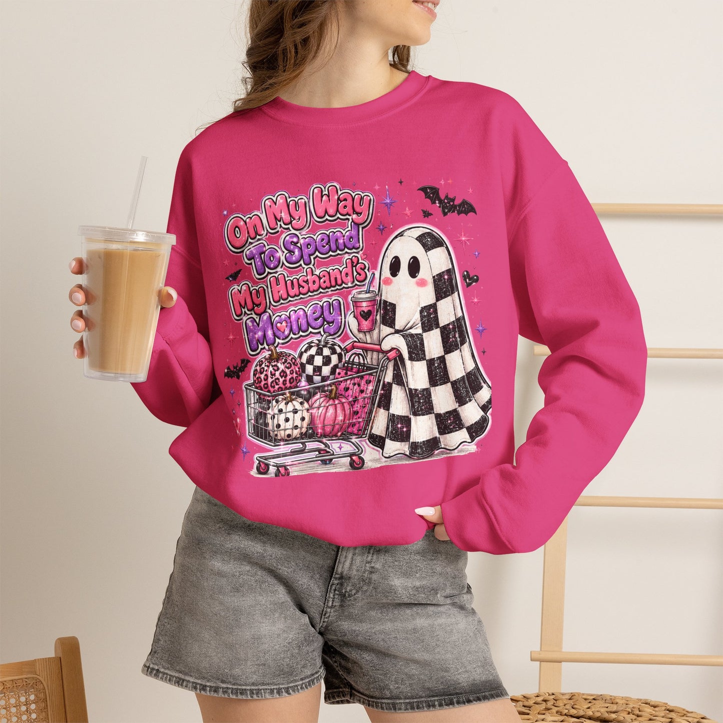 Ghost Shopping Crewneck Sweatshirt — "On My Way to Spend My Husband’s Money" Cute Gothic Halloween Pullover