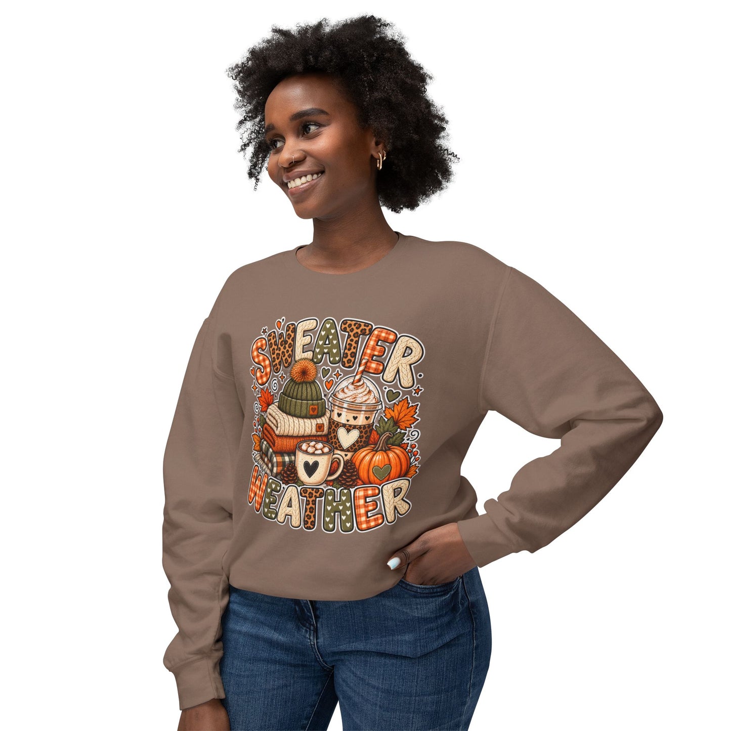 Sweater Weather Crewneck Sweatshirt – Cozy Fall Pumpkin & Hot Cocoa Graphic
