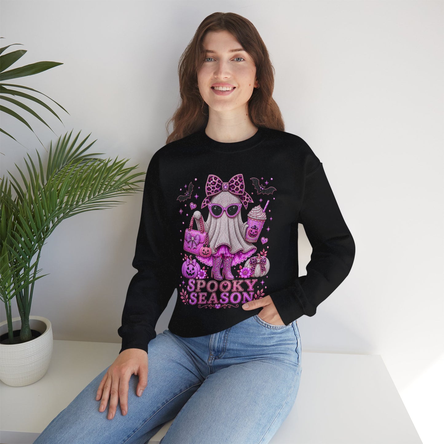 Spooky Season Ghost Crewneck Sweatshirt — Cute Pink Halloween Graphic