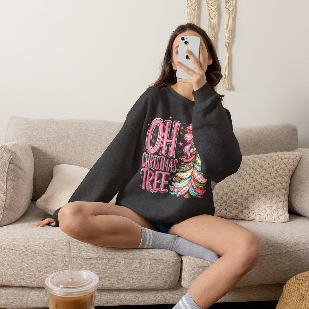 Oh Christmas Tree Sweatshirt | Pink Bow Christmas Crewneck for Women | Girly Holiday Graphic Sweatshirt
