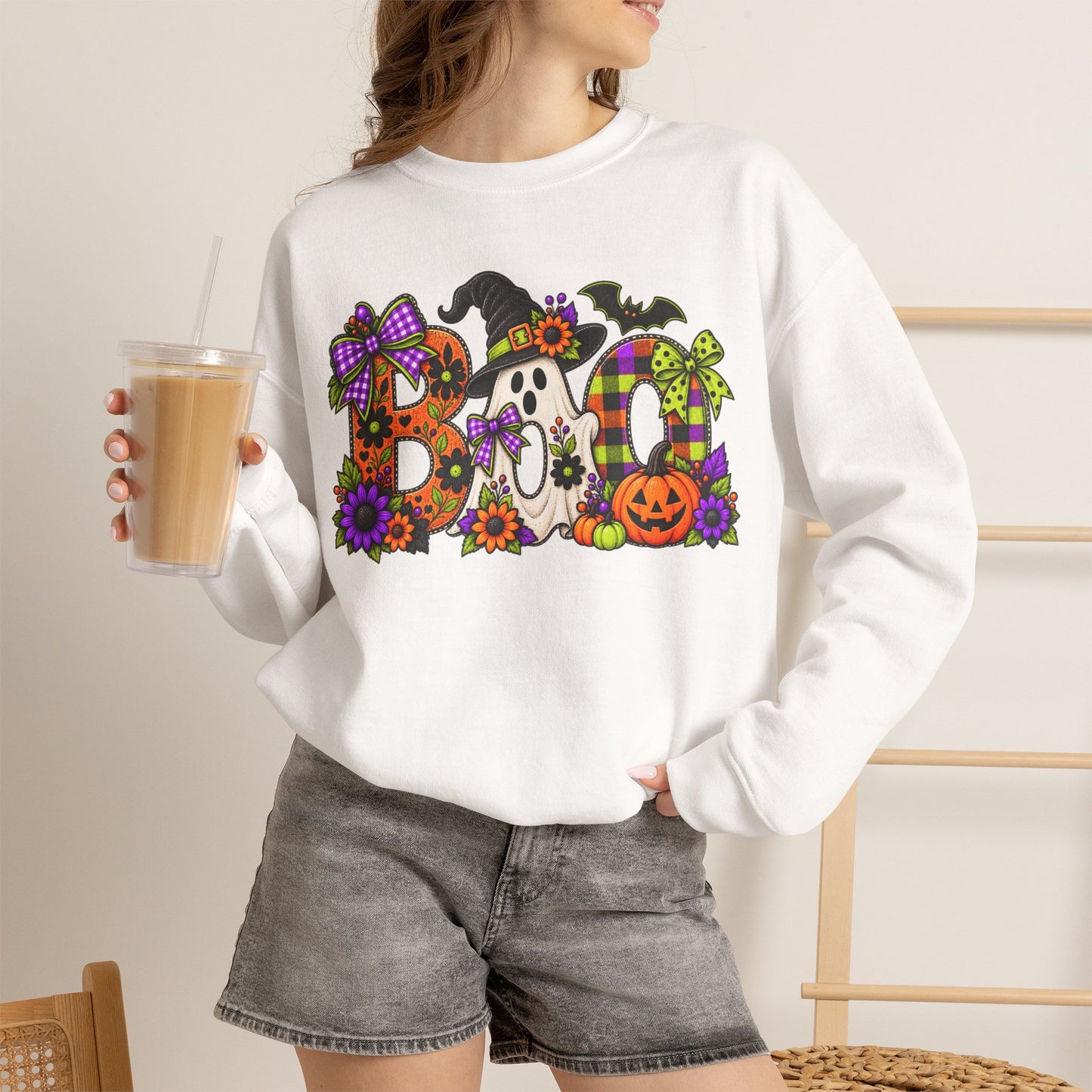 Halloween "BOO!" Crewneck Sweatshirt — Cute Spooky Ghost & Pumpkin Pullover