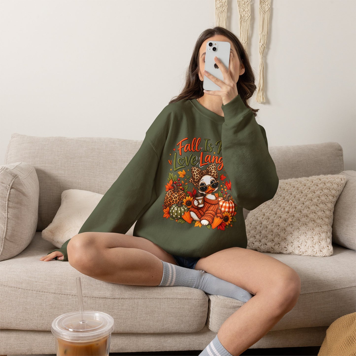 Fall Is My Love Language Duck Sweatshirt — Cute Autumn Duck & Pumpkins Crewneck