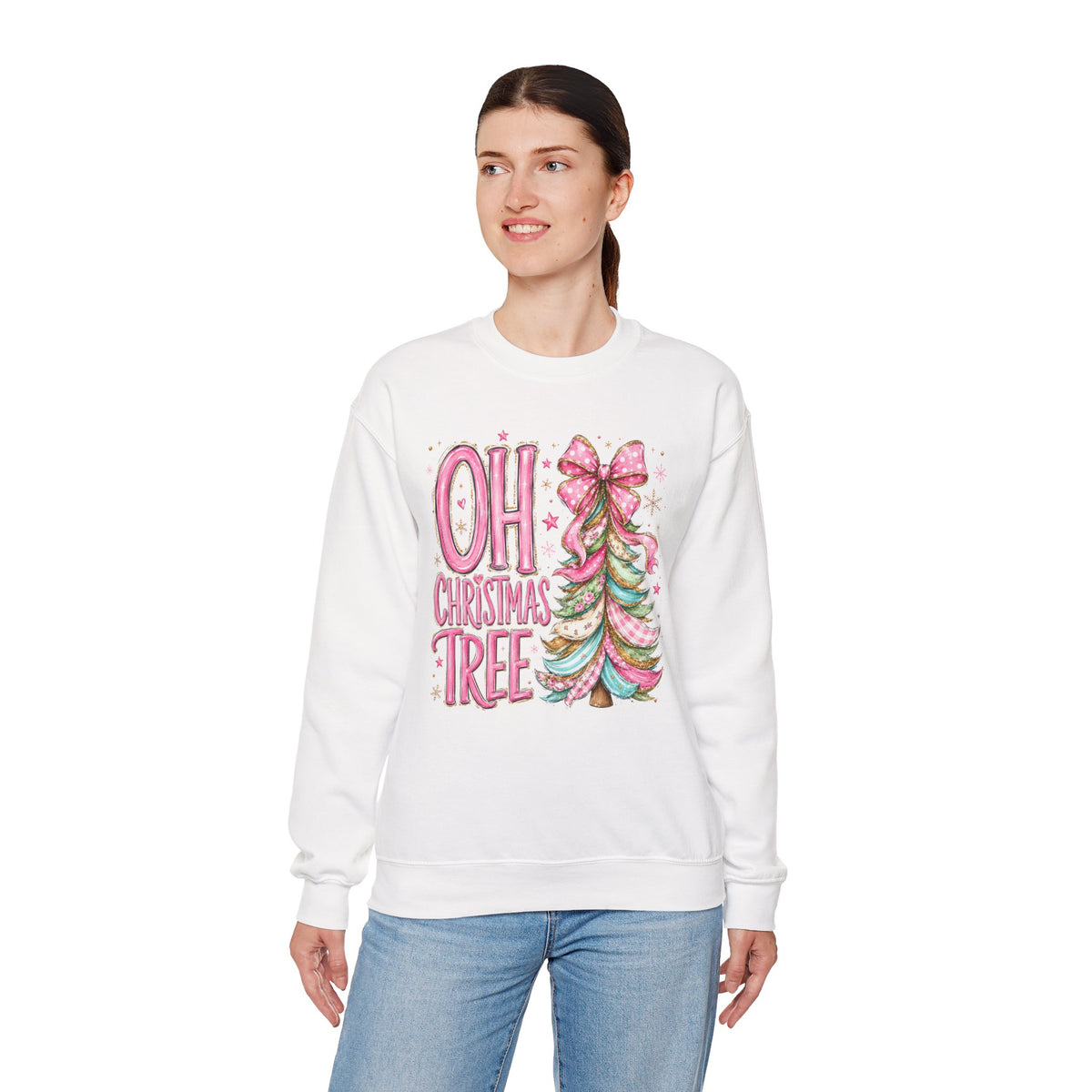 Oh Christmas Tree Sweatshirt | Pink Bow Christmas Crewneck for Women | Girly Holiday Graphic Sweatshirt