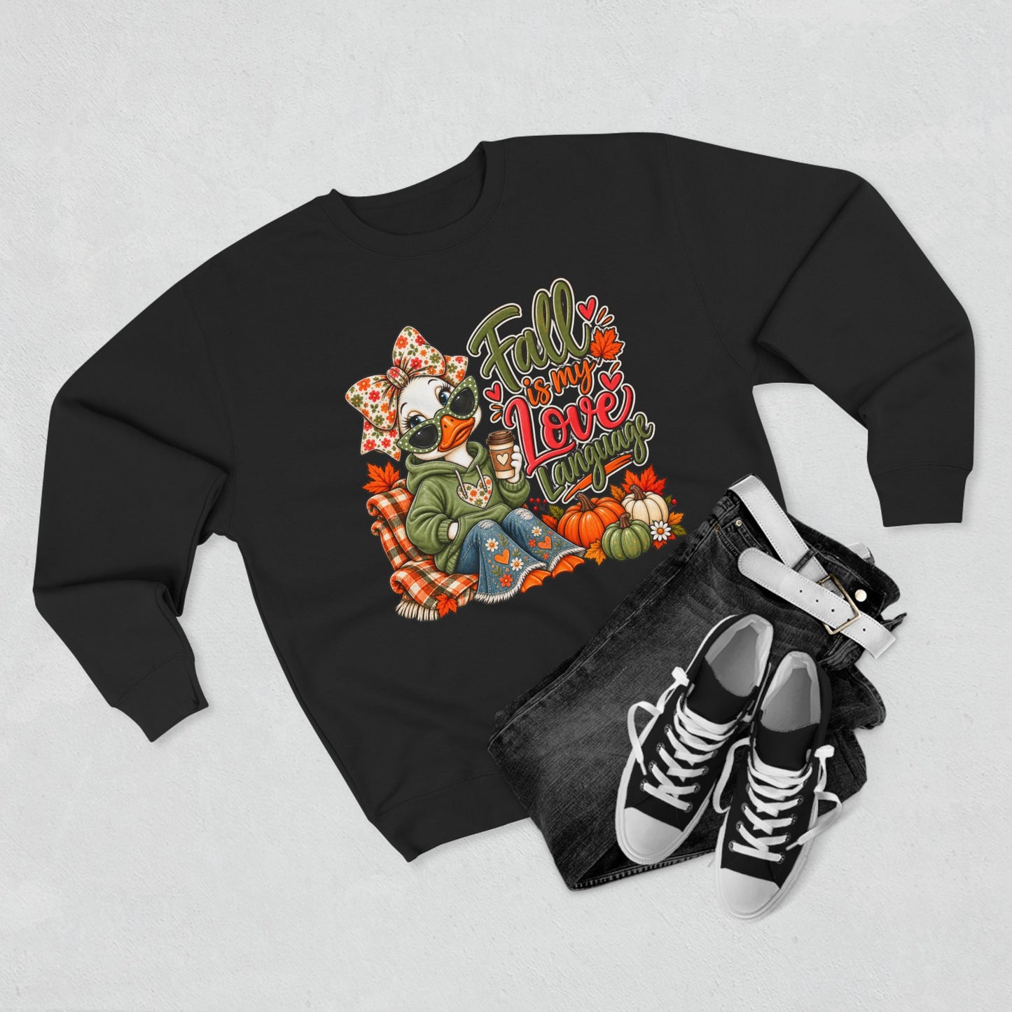 Fall Is My Love Language Sweatshirt — Cozy Autumn Duck Design with Pumpkins