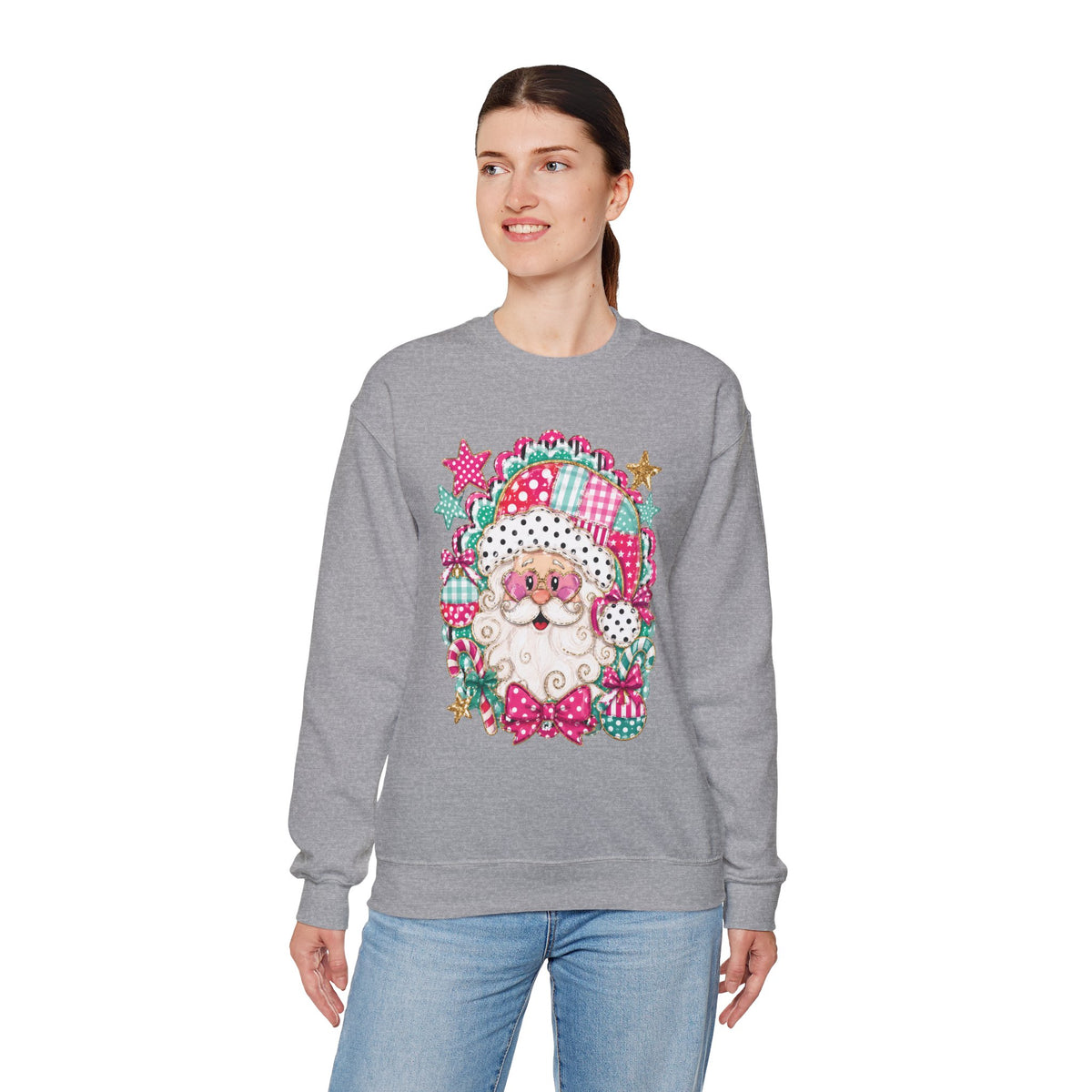 Pink Patchwork Santa Sweatshirt — Cute Christmas Crewneck for Women & Kids