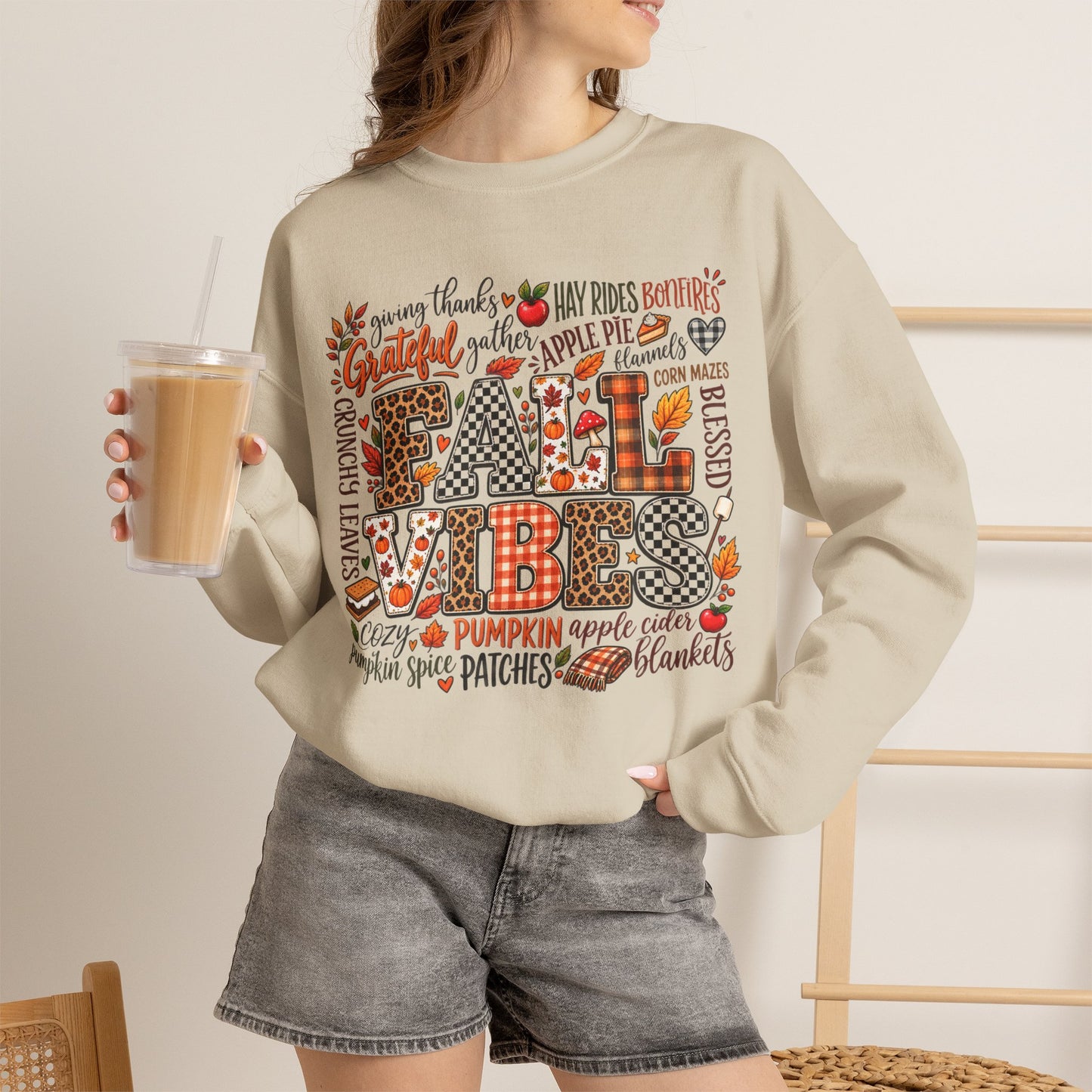 Fall Vibes Crewneck Sweatshirt — Autumn Leaves, Pumpkins & Cozy Plaid Design