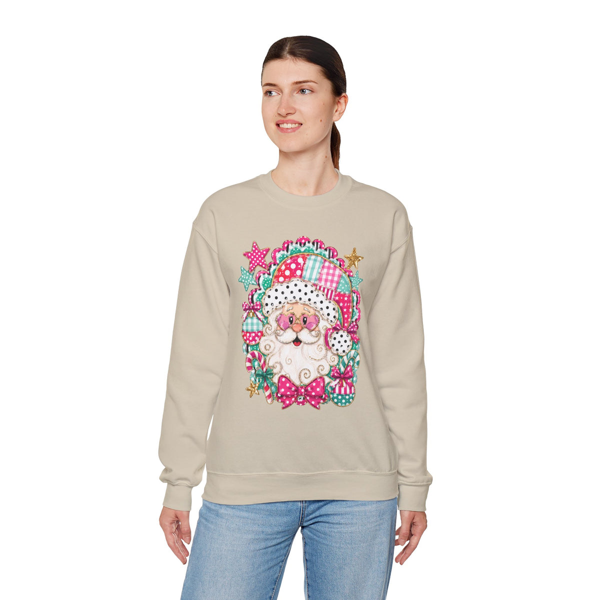 Pink Patchwork Santa Sweatshirt — Cute Christmas Crewneck for Women & Kids