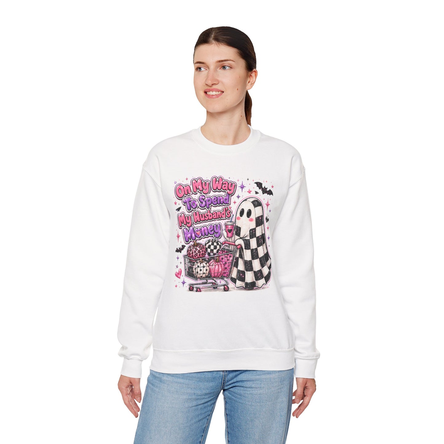 Ghost Shopping Crewneck Sweatshirt — "On My Way to Spend My Husband’s Money" Cute Gothic Halloween Pullover