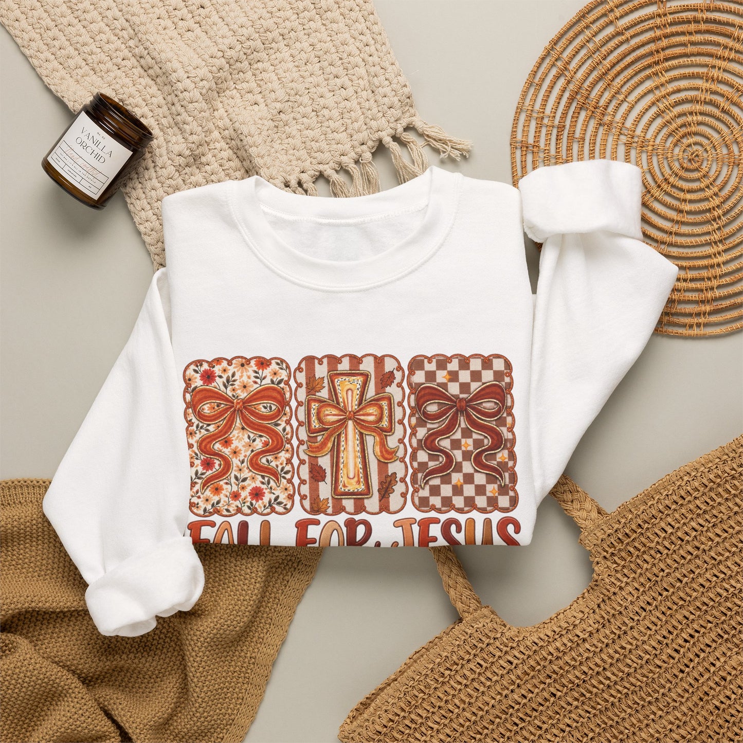 Crewneck Sweatshirt — Fall For Jesus Graphic, Autumn Leaves Faith Sweatshirt