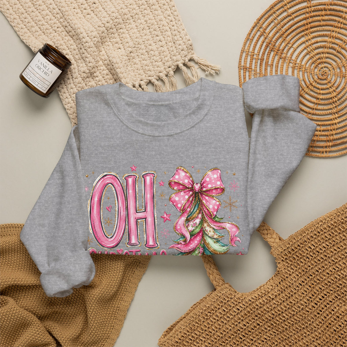 Oh Christmas Tree Sweatshirt | Pink Bow Christmas Crewneck for Women | Girly Holiday Graphic Sweatshirt