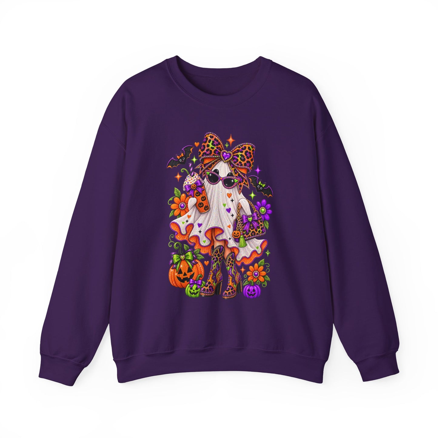 Halloween Ghost Cat Crewneck Sweatshirt — Cute Spooky Pumpkin & Bat Graphic