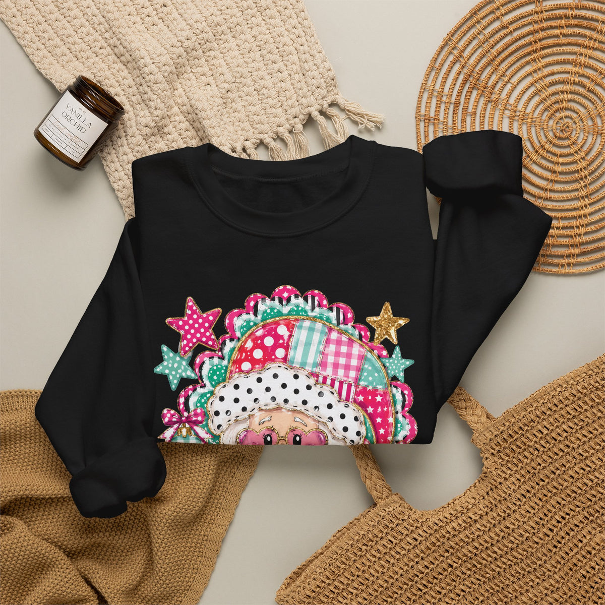 Pink Patchwork Santa Sweatshirt — Cute Christmas Crewneck for Women & Kids