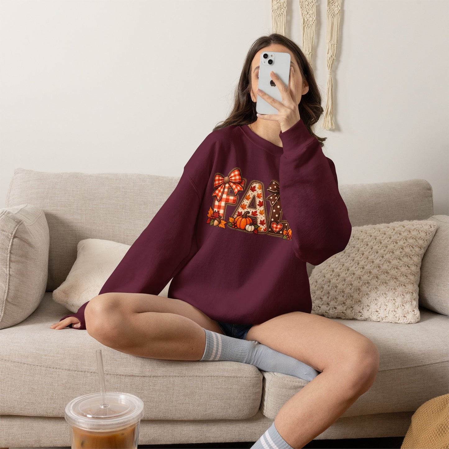 Fall Plaid Crewneck Sweatshirt — Autumn Pumpkins & Bows Design
