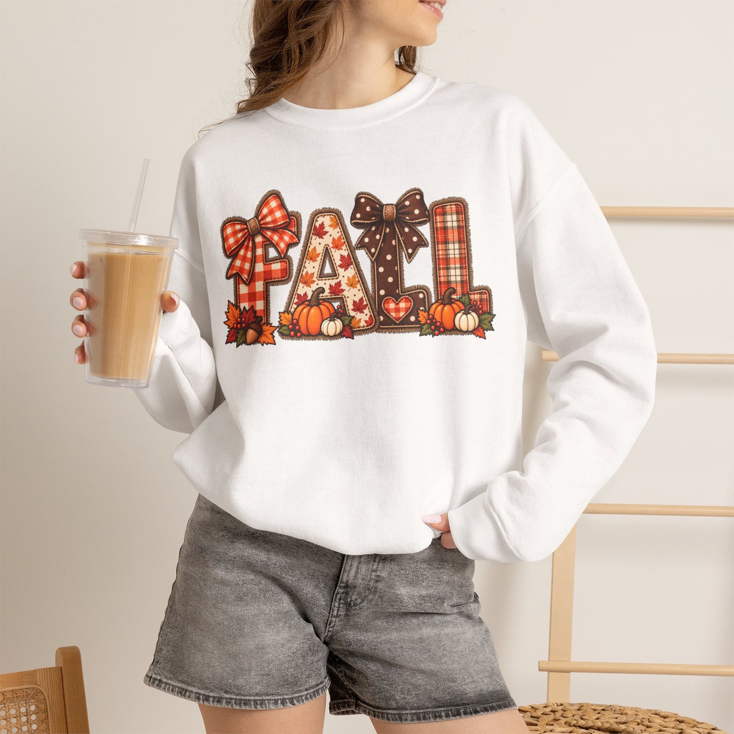Fall Graphic Crewneck Sweatshirt — Plaid Pumpkin Autumn Design