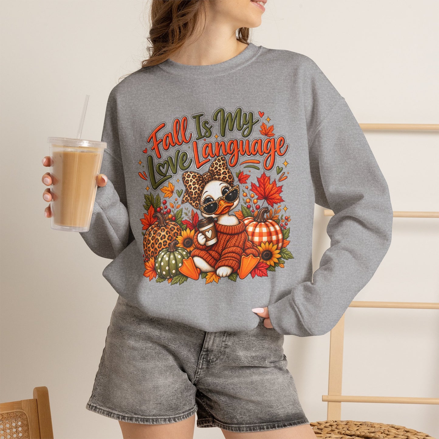 Fall Is My Love Language Duck Sweatshirt — Cute Autumn Duck & Pumpkins Crewneck