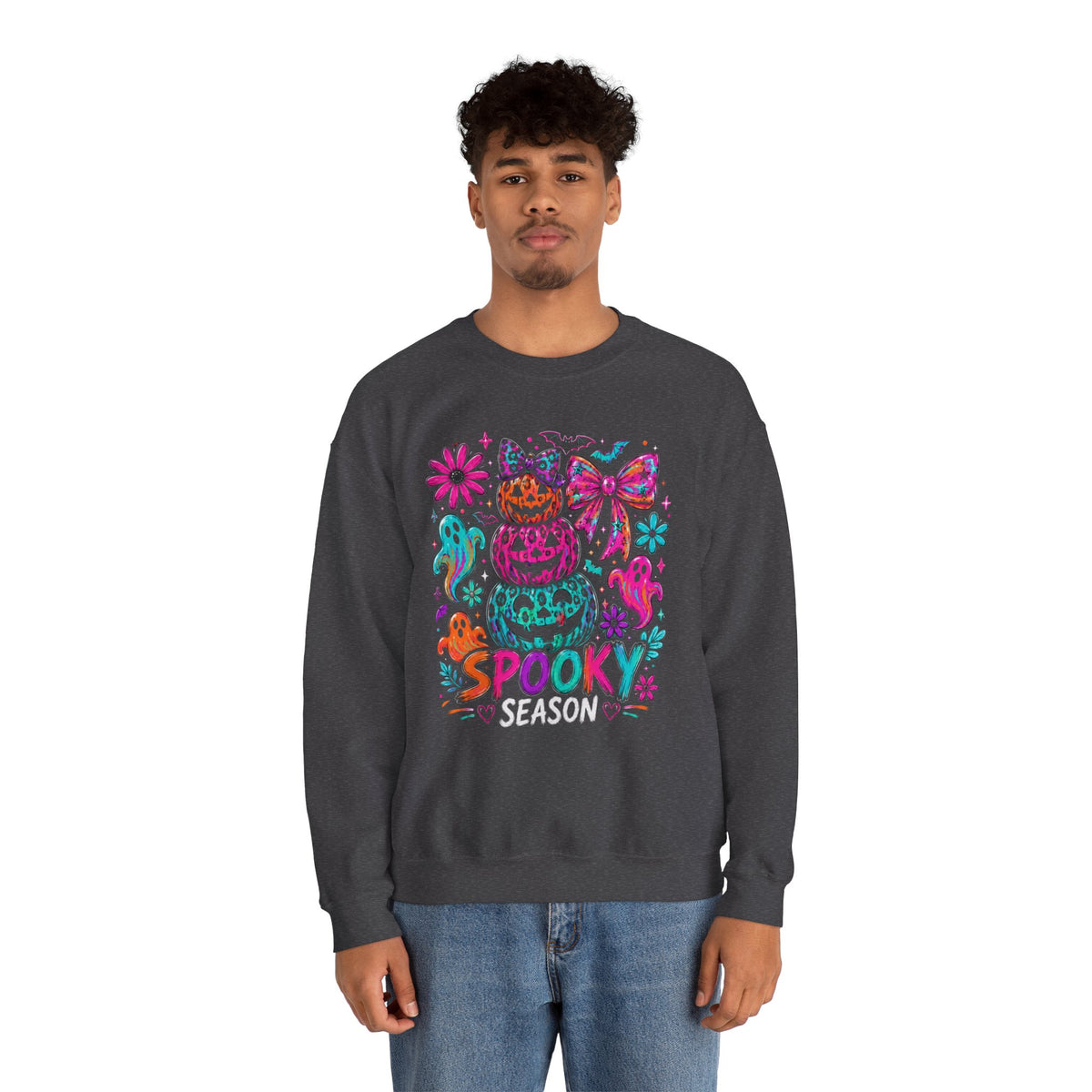 Spooky Season Sweatshirt — Colorful Neon Halloween Pumpkin & Ghost Crewneck
