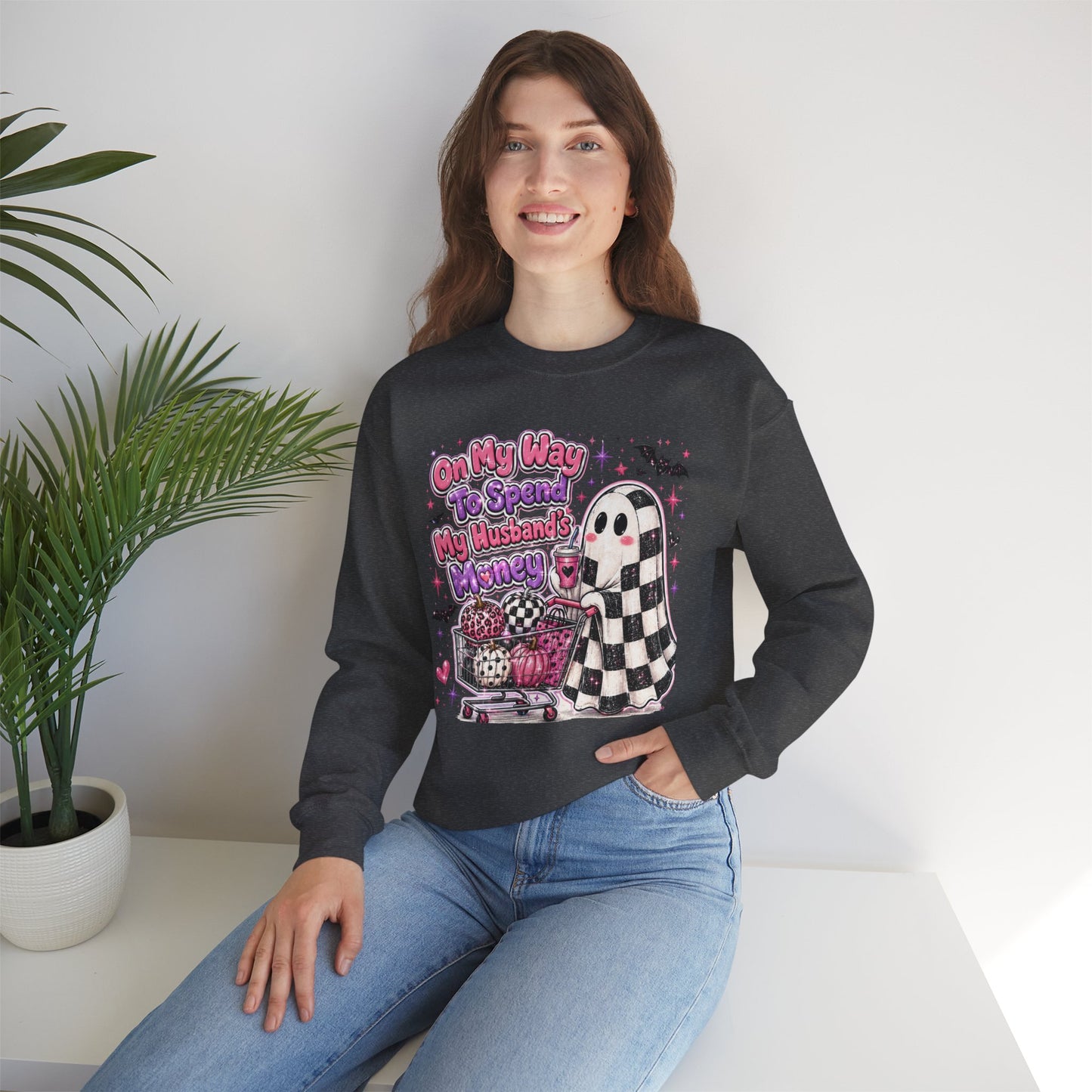 Ghost Shopping Crewneck Sweatshirt — "On My Way to Spend My Husband’s Money" Cute Gothic Halloween Pullover