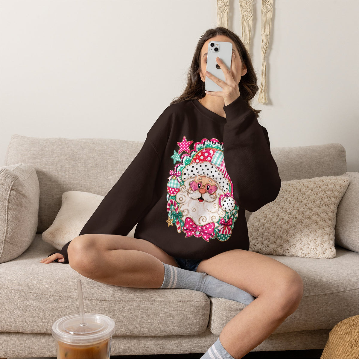 Pink Patchwork Santa Sweatshirt — Cute Christmas Crewneck for Women & Kids